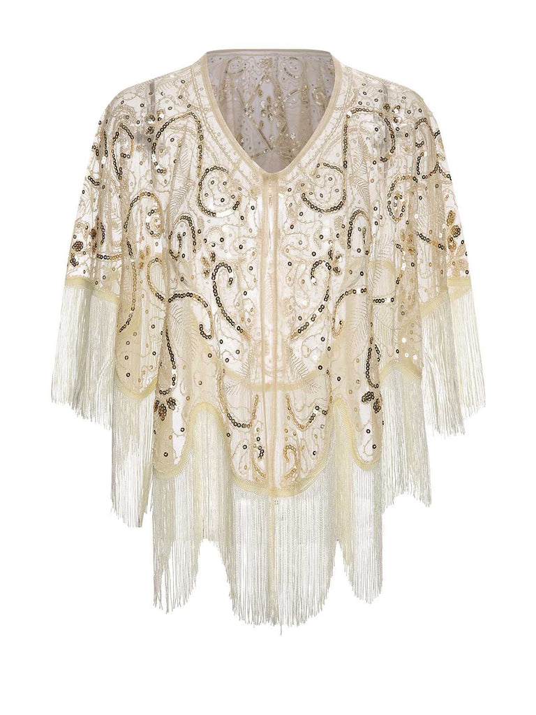 Mantella beige frange ricamate paillettes anni '20