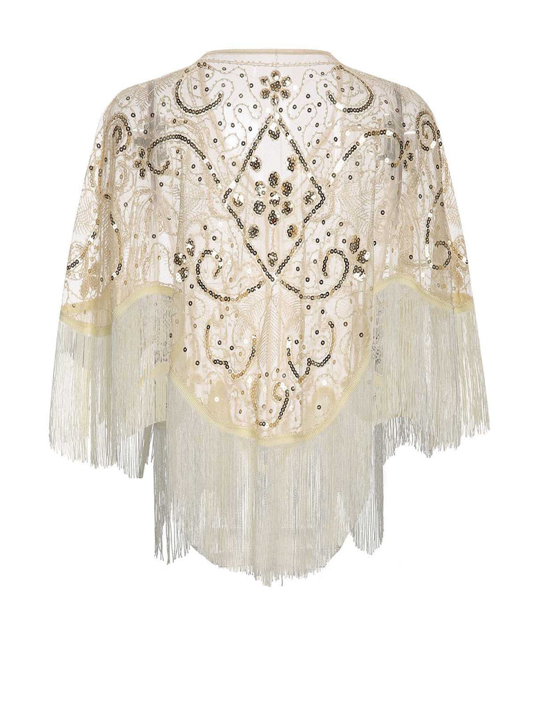 Mantella beige frange ricamate paillettes anni '20
