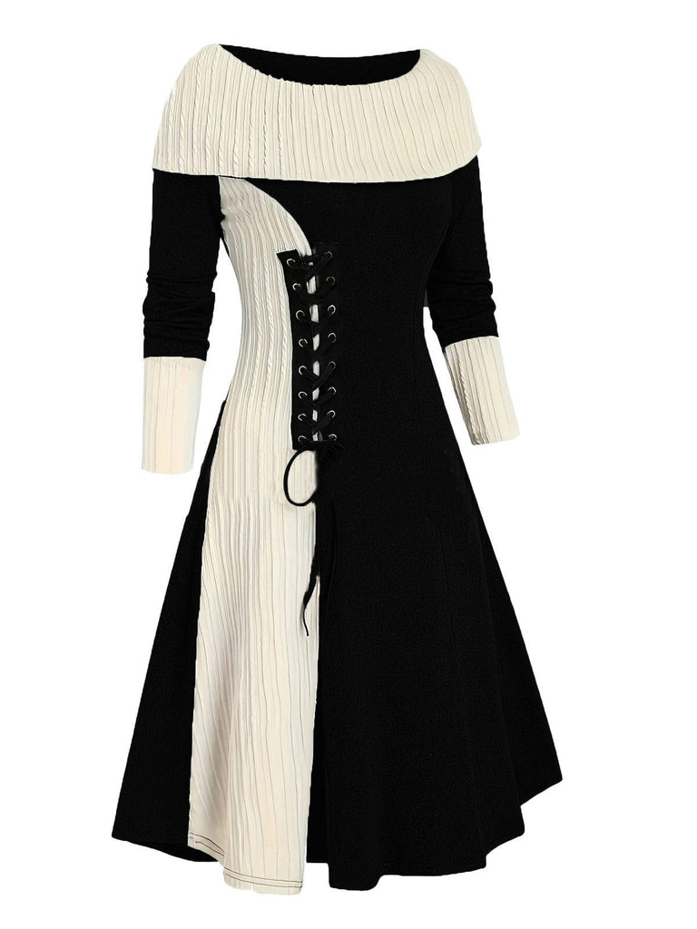Abito con spalle scoperte e lacci color block anni '40