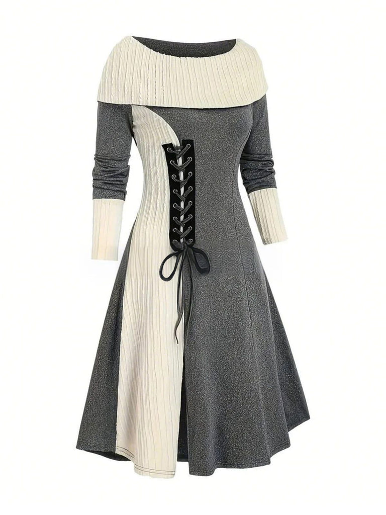 Abito con spalle scoperte e lacci color block anni '40