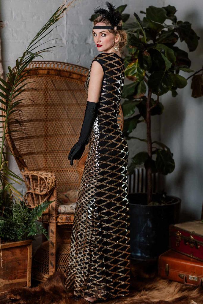 Abito lungo con paillettes oro anni '20