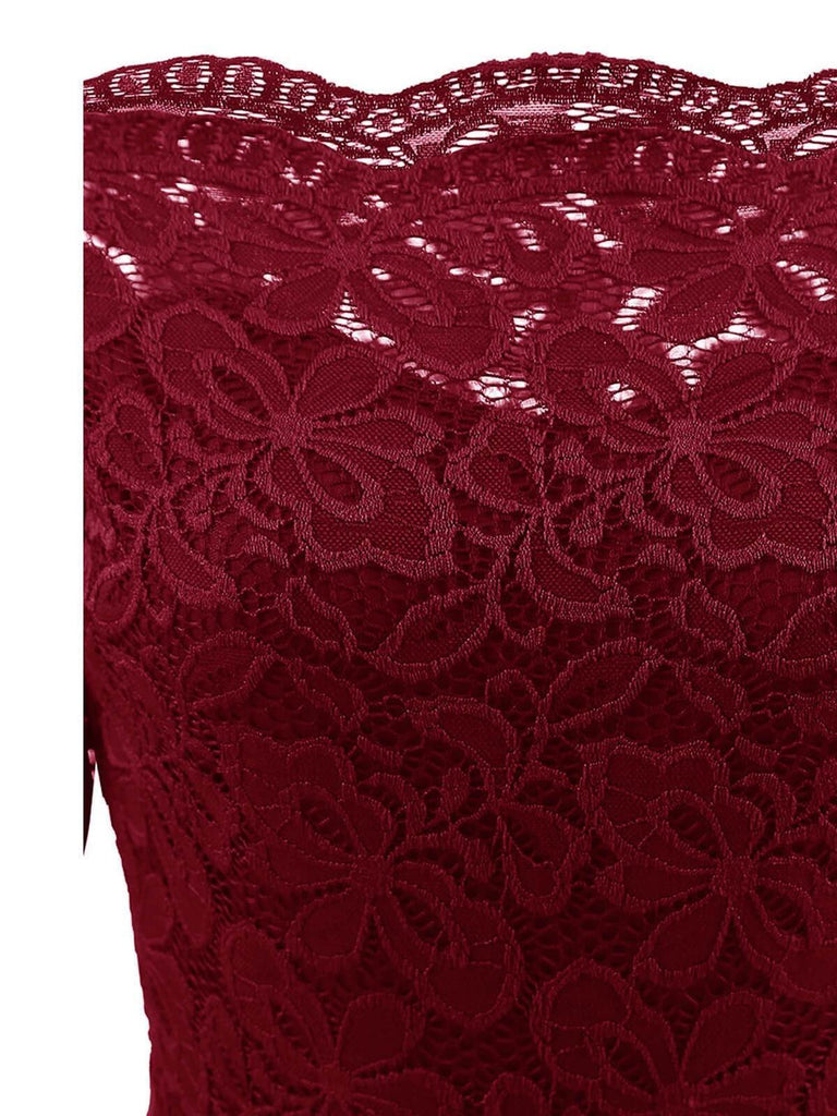 Abito con spalle scoperte in pizzo bordeaux anni '50