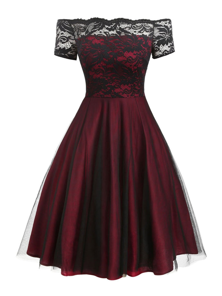 Abito svasato in pizzo con spalle scoperte anni '50