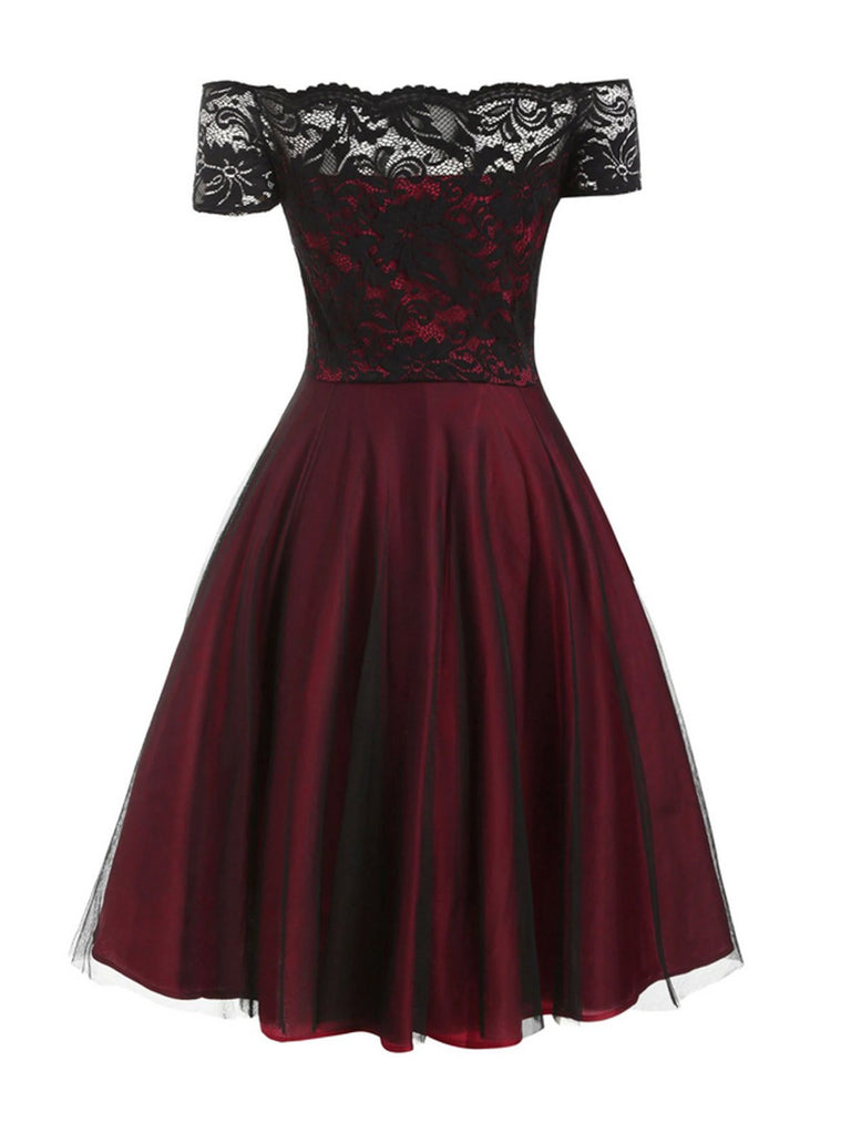 Abito svasato in pizzo con spalle scoperte anni '50