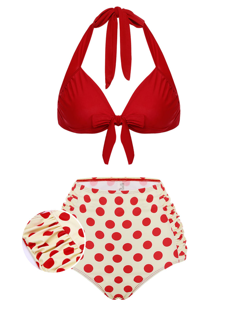Set Bikini a pois scollo all'americana rosso anni '50