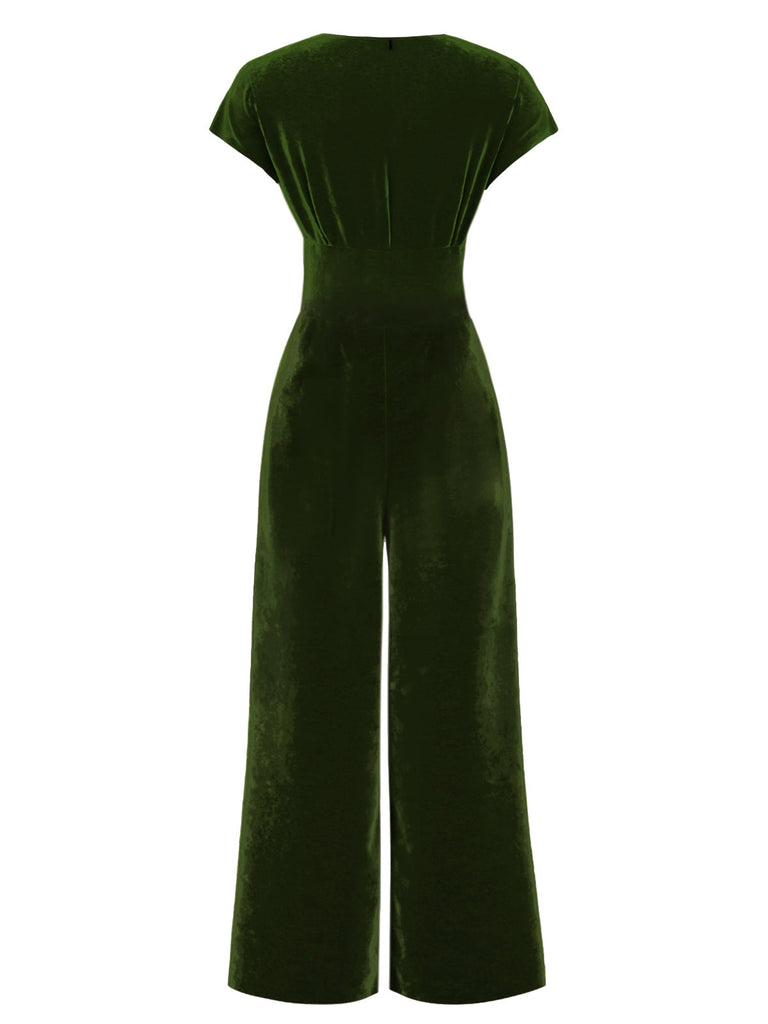 Tuta lunga in velluto scollo a V e bottoni verde anni '30