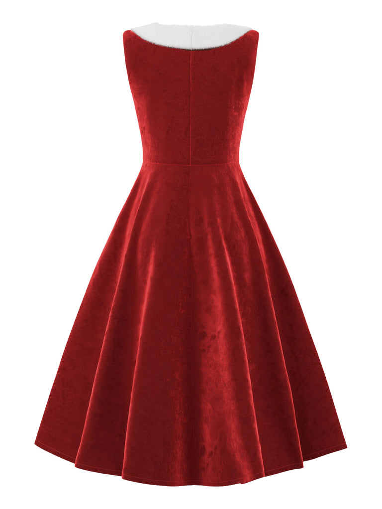Abito in velluto con collo di pelliccia rosso anni '50