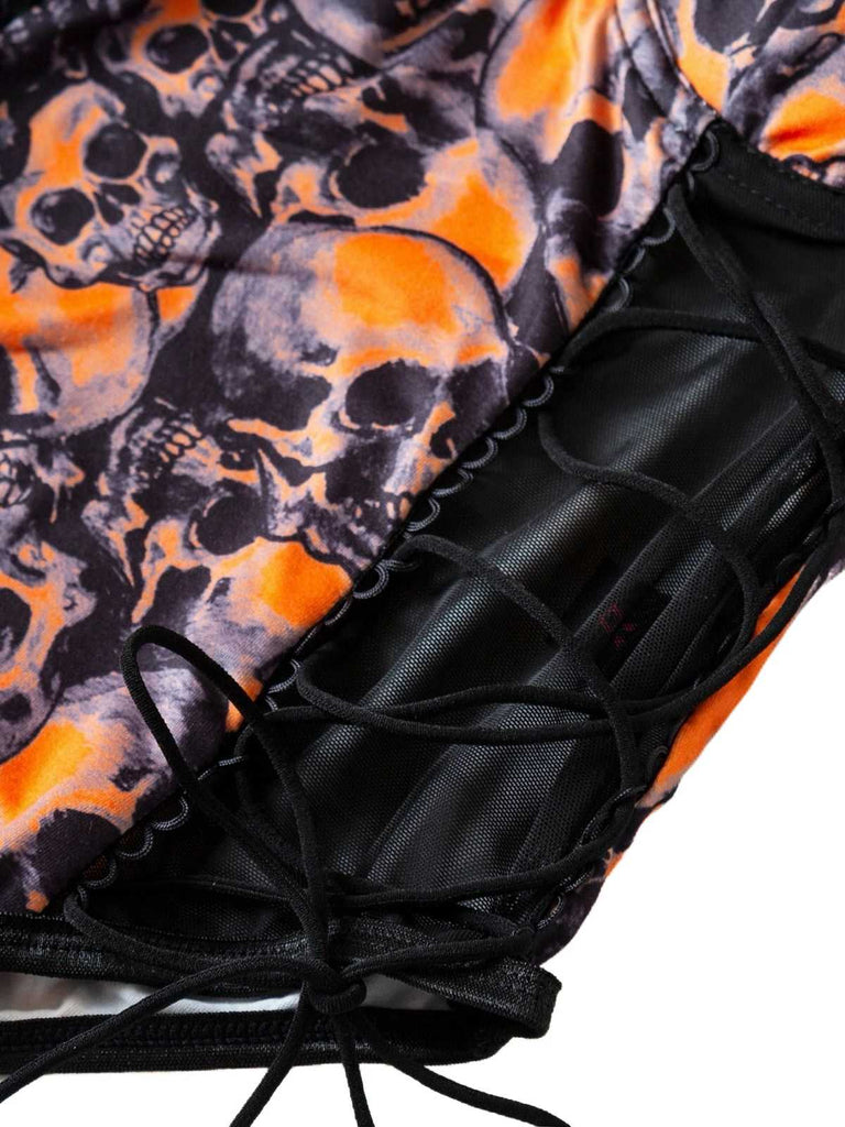 Collant in pizzo e teschio con spalline sottili arancione anni '70