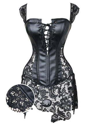 Corsetto in pizzo gotico in pelle nero steampunk