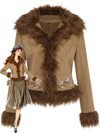 Giacca con rose ricamate in pelliccia sintetica scamosciata anni '70