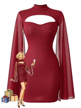 Abito aderente con mantello in chiffon di perle rosso anni '80