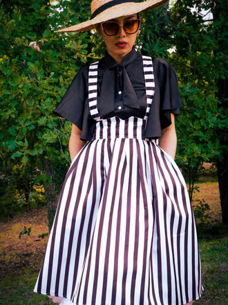 2PCS Camicetta nero a tinta unita e gonna bretelle anni '50