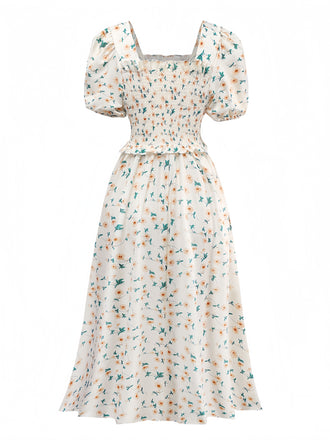 Abito floreale con scollo quadrato giallo anni '40