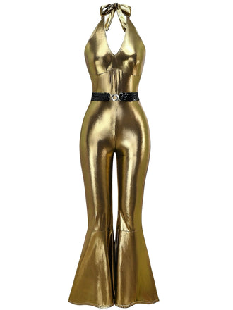 Tuta lunga in stile discoteca metallizzato cintura anni '70