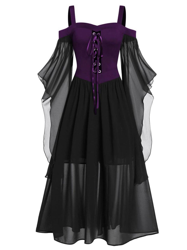 [Taglia forti] Abito in chiffon con spalline in contrasto anni '50