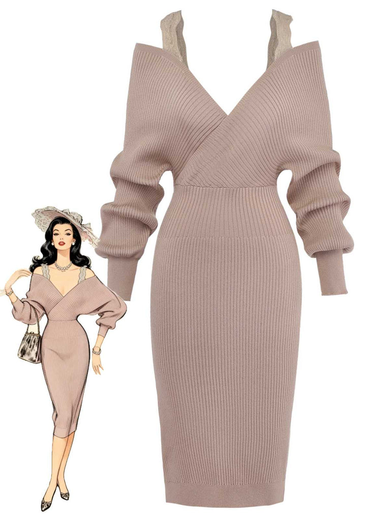 Abito in maglia in pizzo e spalle scoperte cachi anni '60