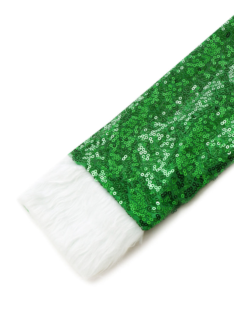 Abito Verde Natalizio con Spalle Scoperte Pelliccia Sintetica Bianca e Paillettes Anni '80