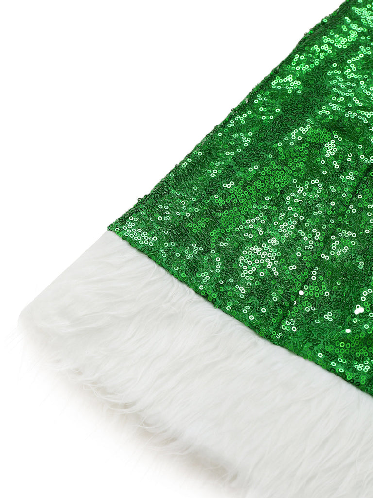Abito Verde Natalizio con Spalle Scoperte Pelliccia Sintetica Bianca e Paillettes Anni '80