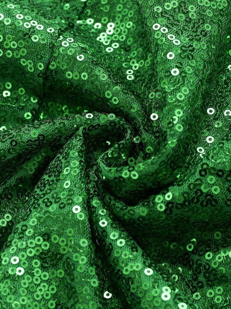Abito Verde Natalizio con Spalle Scoperte Pelliccia Sintetica Bianca e Paillettes Anni '80