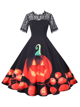 Abito patchwork con maniche in pizzo Halloween nero anni '50