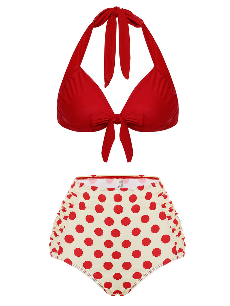 Set Bikini a pois scollo all'americana rosso anni '50