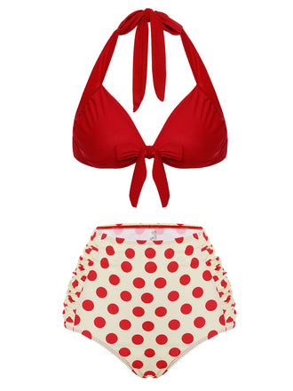 Set Bikini a pois scollo all'americana rosso anni '50