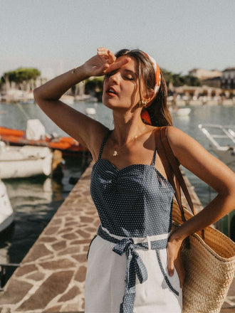 Tuta corta cotone patchwork a pois blu anni '40