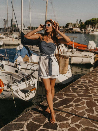 Tuta corta cotone patchwork a pois blu anni '40