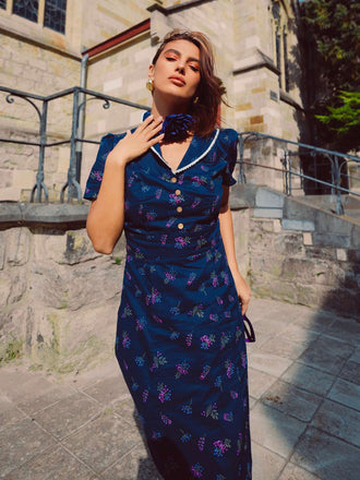 Abito floreale maniche a sbuffo puro cotone blu anni '40