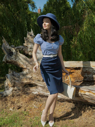 Abito a tubino righe e maniche a sbuffo blu scuro anni '60