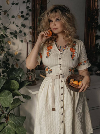 Abito floreale scollo a V in puro cotone beige anni '40