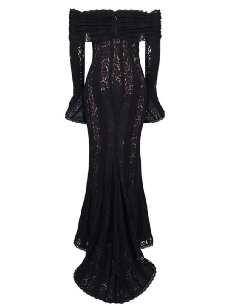 Abito a sirena con maniche svasate in pizzo e spalle scoperte anni '30