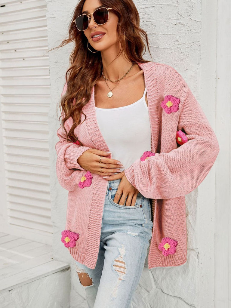 Cardigan a maglia con fiori 3D e maniche lunghe anni '30