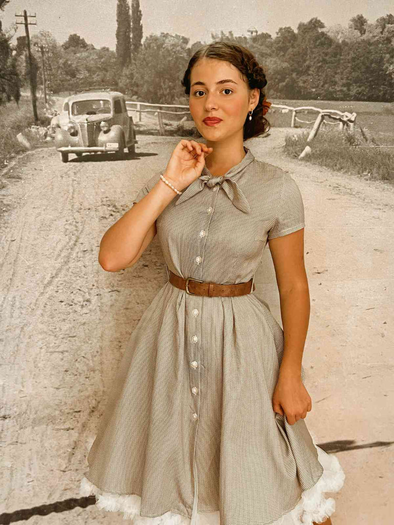 Abito piccolo plaid a quadri marrone anni '40