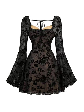 Abito floreale con maniche a sbuffo in pizzo nero anni '50