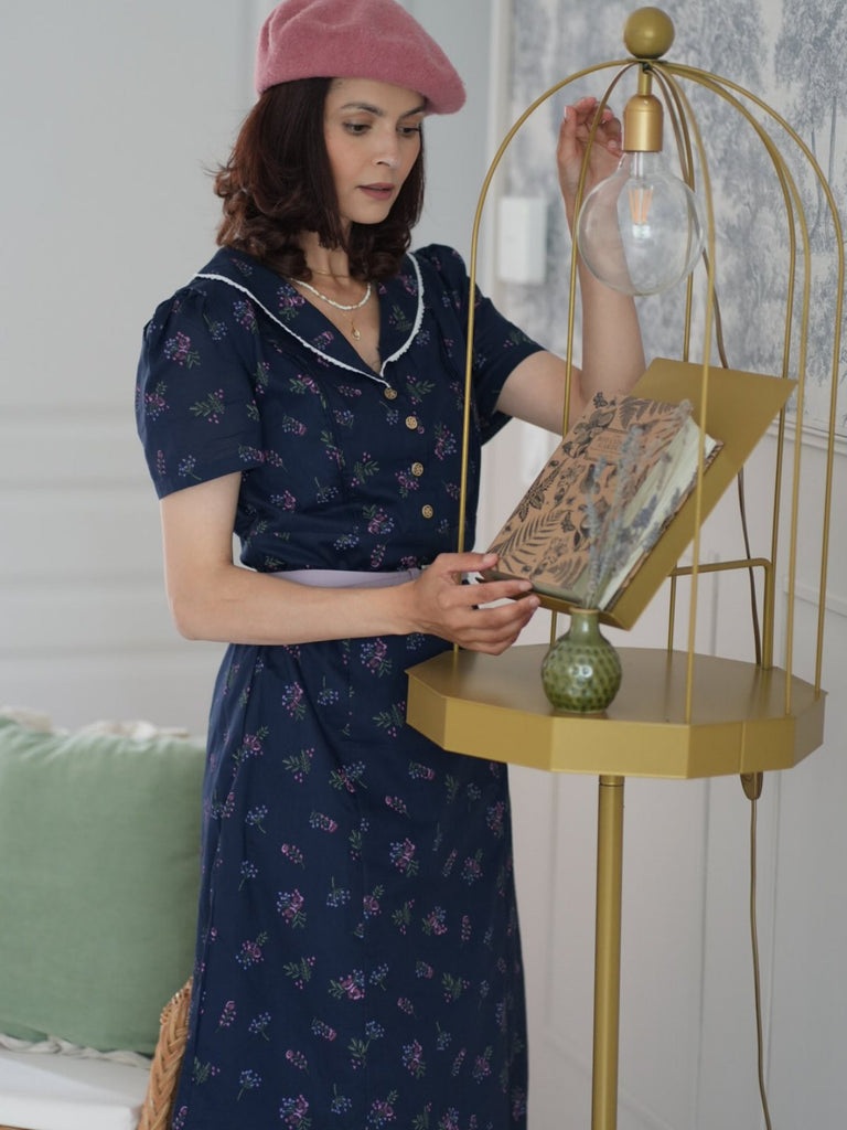 Abito floreale maniche a sbuffo puro cotone blu anni '40