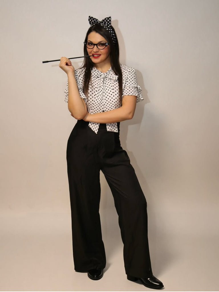 Tuta lunga nera nodo al collo a pois anni '30