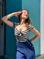 Tuta patchwork a righe fiocco cavo blu anni '50