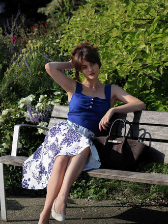 Abito scollo a cuore e bottoni floreali blu anni '50