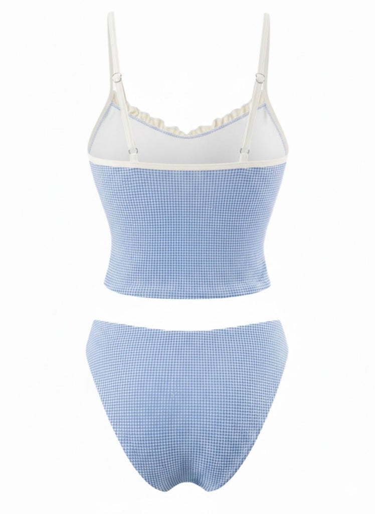 Completo tankini a quadri con pizzo rosso anni '50