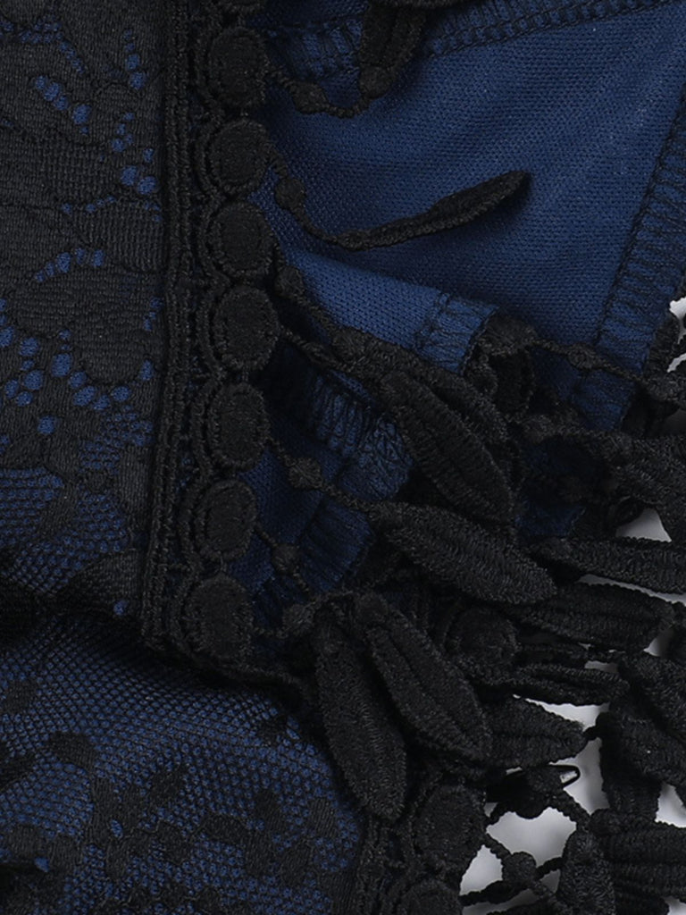Top in pizzo con spalle scoperte e nappe Halloween blu anni '30