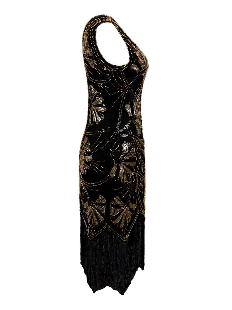 Abito flapper con scollo a V e perline e paillettes anni '20