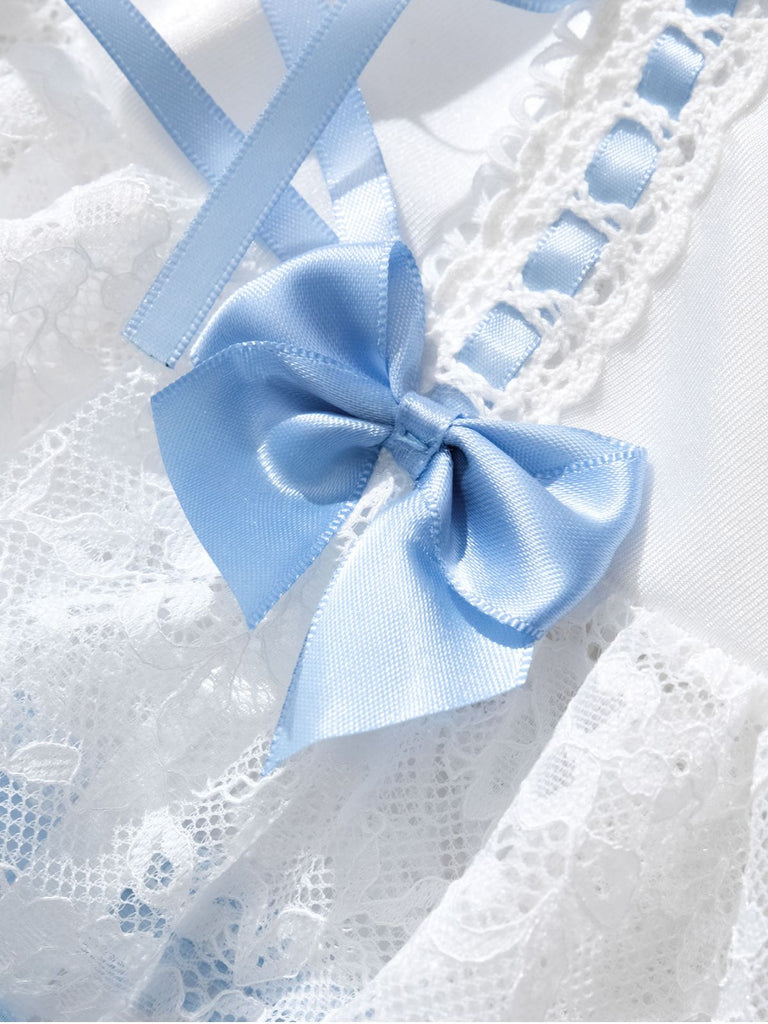 Completo intimo con lacci e fiocco in pizzo a contrasto anni '70