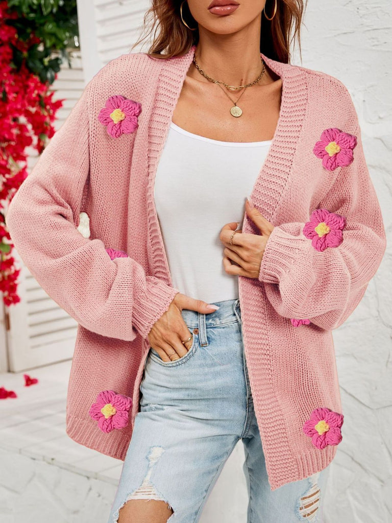 Cardigan a maglia con fiori 3D e maniche lunghe anni '30