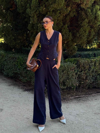 2PCS Completo blazer senza maniche blu scuro anni '60