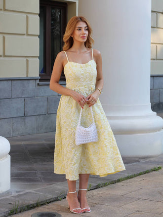 Abito Midi Giallo Anni '50 con Jacquard Floreale Testurizzato