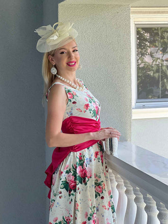 Abito floreale antico fiocco posteriore multicolore anni '50