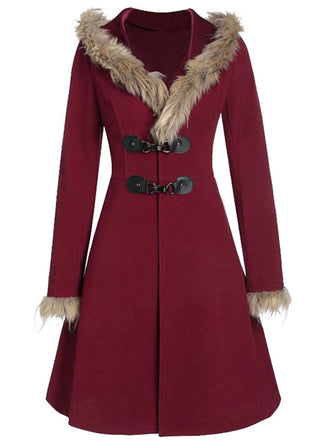 Cappotto con fibbia solida e rifiniture in pelliccia bordeaux anni '50
