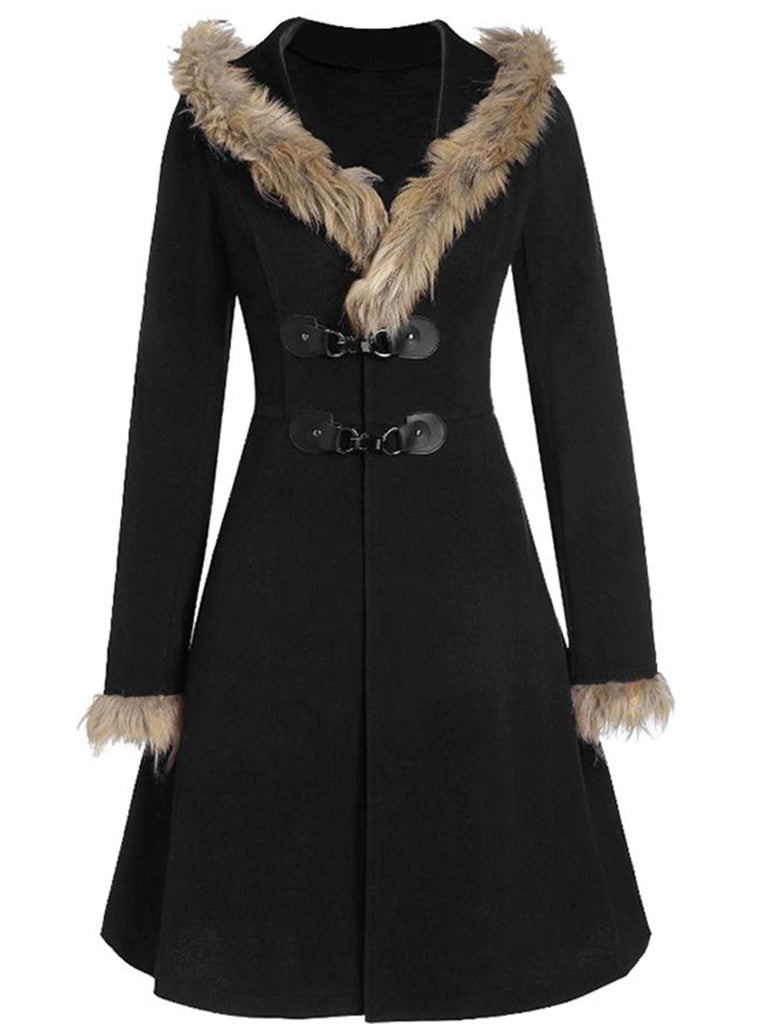 Cappotto con fibbia solida e rifiniture in pelliccia anni '50