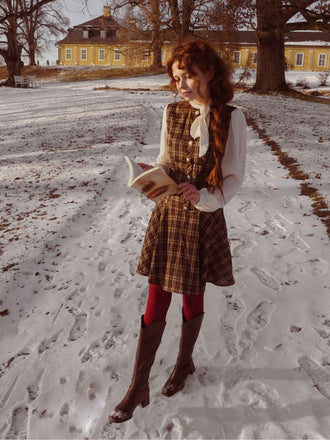 Abito a quadri con bottoni e fiocco marrone anni '60